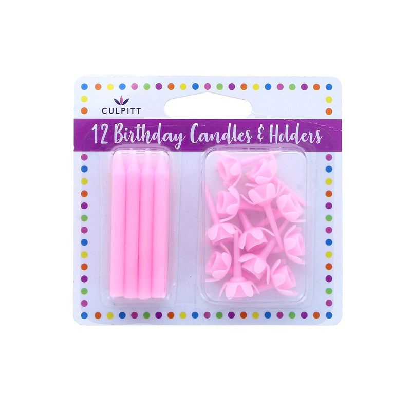 Pink Candles And Holders 12pk