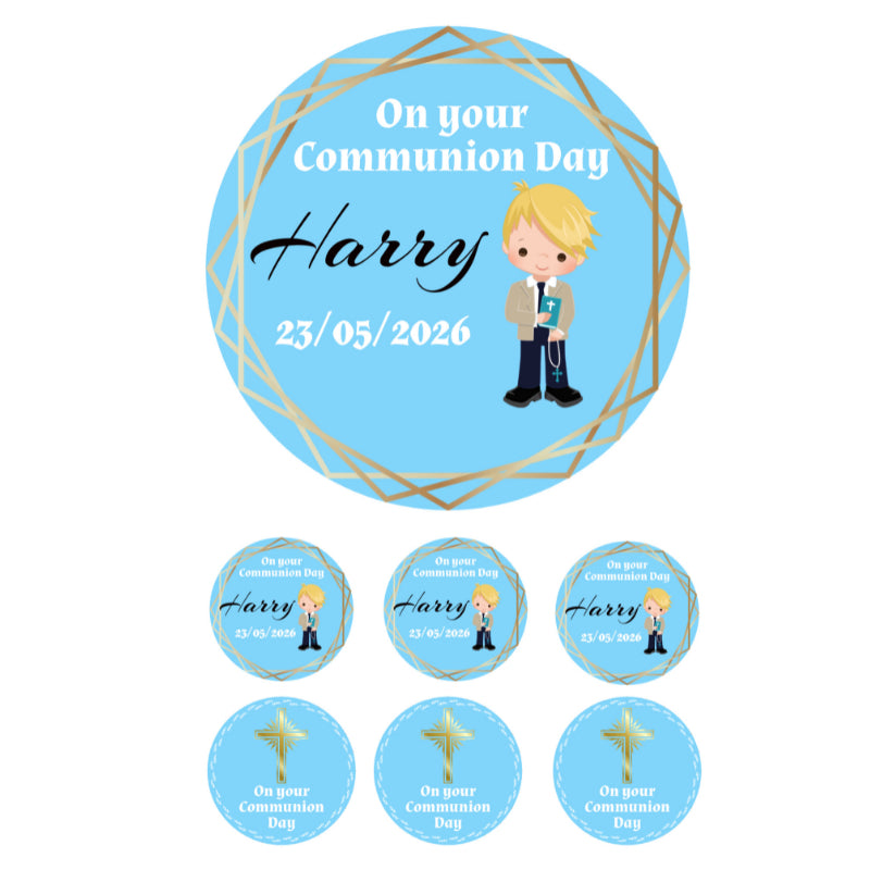 Customised Inclusive Communion Boy Toppers 7" Disc & 6 x 2"