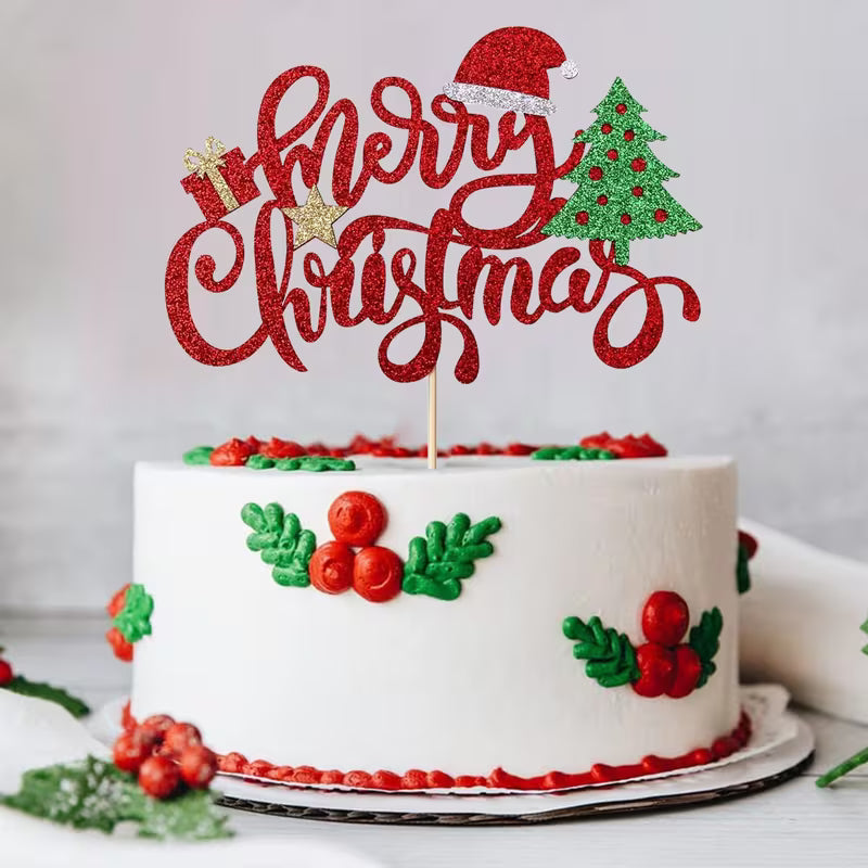 Cake Topper - Merry Christmas - Red & Green