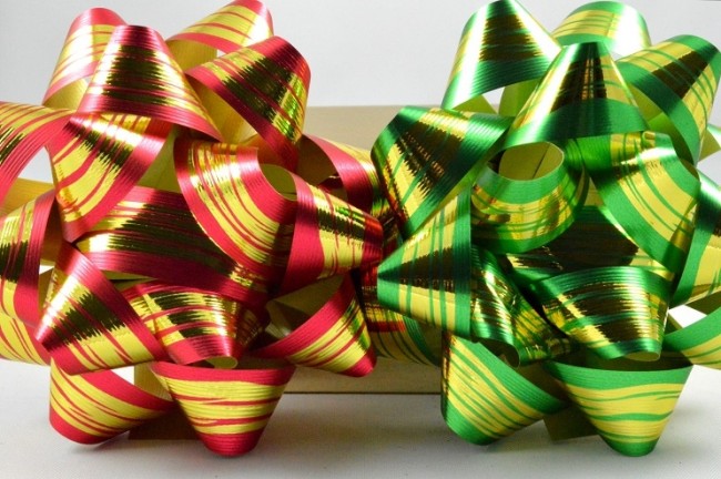 2 x Golden Striped Self Adhesive Bows Red