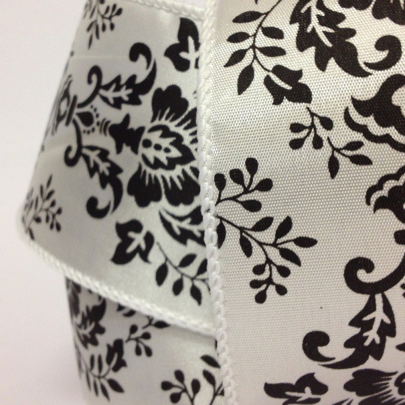 63mm White & Black Damask Wired Edge 2.7 Metre - Bakeworld.ie